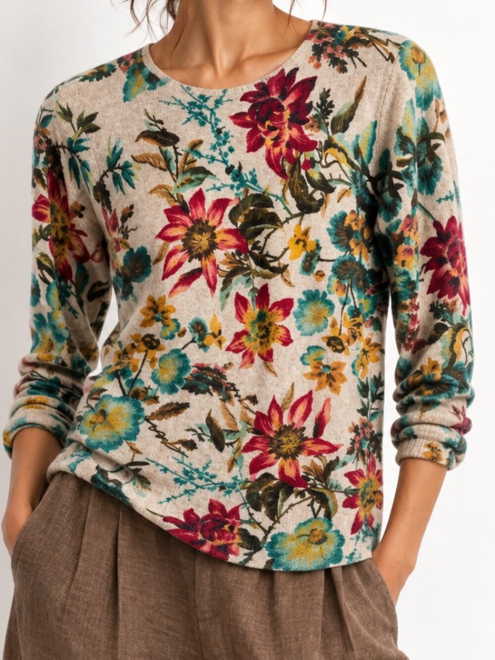 Talbots Ivory Multicolor Floral 100% Cashmere Sweater Tunic Size Medium